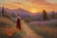 Placeholder: beautiful sunset, one woman looking a flowers, mountains, pathway, witchcraft influence, rodolphe wytsman, jenny montigny, and friedrich eckenfelder impressionism paintings