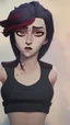 Placeholder: generate a full-length girl with gray-green sad eyes, with dark hair above the shoulders, a round face, not very plump lips, in a black T-shirt with a red print, short shorts, blue socks