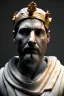 Placeholder: Ultra Realistic image, Roman sculpture, white marble material, Lionel Messi, gold crown of natural thorns, god crown, gold veins, gold ornaments, Renaissance style, sun rays background, waist up portrait, epic, celestial, cinematic lighting, God lights, 4k resolution, smooth details, soft lighting, unreal engine 5, art station, substance 3d.