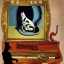 Placeholder: surreal cat playing piano in style of salvador dali painting with portrait of dali in background