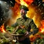 Placeholder: victory portrait of crazy cook army officer dunking vegetables in basket inside grove with fluffy hare with mutations getting blasted by explosions, 4 k, down-light, soft light, depth of field, photo realism, trending on art station, high detail, spray paint