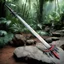 Placeholder: [high res photo by John McTiernan for the PREDATOR Badlands movie] Predators' dusty rusty powerful weapons on a stone in the jungle, ready to be used: the iconic sharp red-edged sword, retractable wristblades, smart disc, combistick, and laser retractible bow, power-fishnet