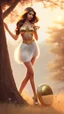 Placeholder: pin up girl, sitting on a bench with perfect legs, mini skirt, smooth delicate skin, soft light, long silky golden hair, fantasy outfit, slight smile, intricate, detailed face, concept art, digital painting, digital art, WLOP and Artgerm art, masterpiece