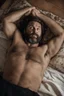 Placeholder: full figure photography, 35mm lens, ugly burly gypsy man similar to bud spencer 41 years old lying over the sheets over a bed, with hands behind the head, hairy armpits, manly armpits, ugly and dirty, manly chest, hairy chest, muscular chubby, manly chest, shirtless, with ripped boxer, sad eyes, photorealistic , dim side light, ambient occlusion, in the dark