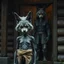 Placeholder: a short, thin very sad young anthropomorphic wolf female in gray hairbody and wears a little with cloth around the waist stands in front of the camera in rain, a larger anthropomorphic wolf man stands behind the door in a wooden house, dark colors, sharp focus, rainy day, high contrast, high detail, atmospheric, dark fantasy, sci-fi