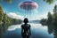 Placeholder: photorealistic photo of a woman with black hair, dressed in an android suit, looking out over a lake, at a jellyfish with tentacles with tall narrow cloud trees in the background