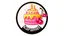 Placeholder: A round logo with a black and pink border named (karamel) designed for a sweet shop with a golden cherry and pink theme and a big birthday cake and some cherries hanging from the side of the logo on a white and pink background.