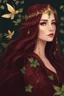 Placeholder: Burgundy hair, dark hair,dark red , rapunzel hair,very long hair,dark fairy princess,elven crown,night,dragonflies,beautiful,ong ashes,golden armor ,sparkle,night blooming,ivy,dark green,lilly of valley,golden elven crown