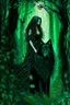 Placeholder: In the heart of a dense and enigmatic forest with towering ancient trees cloaked in emerald foliage stood a bewitching sorceress possessing an ethereal allure her lustrous hair cascading in ebony waves down to her slender waist that turns into roots In the background a faithful companion a majestic canine of Belgian shepherd lineage roamed at her side its eyes illuminated by an otherworldly crimson glow exuding an aura both mysterious and demonic