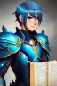 Placeholder: a human male with blue short hair and blue wings in an assymetrical armor with geometric patterns and a book in hand