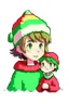 Placeholder: Pixel Art style, Child girl, short brown hair, has red eyes, He has pink dots on his cheeks, wears a green shirt horizontally striped with yellow, He's in a snow-covered place, he's wearing a standard red Christmas hat,