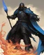 Placeholder: A commander with a matte black combat helmet and eyes with bright blue flaming pupils, a black cape and a long coat with long combat boots and a long, sharp and fiery spear and with his helmet under his cape and two blue flames instead of eyes