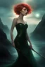 Placeholder: 3D Bubbles, Floating hearts with an electrical current, fog, clouds, somber, ghostly mountain peaks, a flowing river of volcanic Lava, fireflies, a totally gorgeous woman with short, buzz-cut, pixie-cut red hair tapered on the sides, green eyes, wearing a black, sinister, mermaid dress carrying the sword "EXCALIBUR" --- "Nimue, The Lady of The Lake"