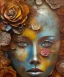 Placeholder:  an abstract painting of rusted metal and flowers, african portrait, rust, scaffolding, iron cladding, decay, mixed media, textured, anatomically correct, beautiful perfect face, sharp focus, highly detailed, injured face