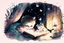 Placeholder: cute chibi cat mother reads a fairytale book to his baby kitten in a bed, flower tapestry, in a bedroom in candlelight, S<AI, watercolor and black ink outlines, soft, shading strokes, light pastel colors, ethereal, cinematic postprocessing, bokeh, dof