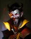 Placeholder: Full Portrait, Humanoid male, demonic tiefling, pirate scoundrel, happy smiling, red coat, pale gray skin, yellow eyes, black hair, black beard, short beard goatee, gunslinger, mood lighting dark, underground, ray of light