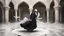 Placeholder: Hyper Realistic Black Clothed Sufi Whirling on marble floor with detailed Islamic Architecture Rustic Grungy Background outside white marble Islamic monument with white feathers