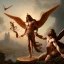 Placeholder: The winged messenger Hermes delivering a message to Zeus but Zeus is a Hydra. Medusa and the Minotaur are fighting in the background. High definition oil painting.