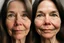 Placeholder: A selfie of a brunette woman, middle long hair, showing a 59-year-old European woman. She has brown hair, face without makeup, cute nose, detailed full lips, skin texture. Split screen and show on the right side the same face but without wrinkels and 20 years younger and more beautiful