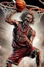 Placeholder: 13k, highly realistic and detailed image of a zombie as a NBA basketball player in action dunking the ball in the net, sweaty hair, screaming look,action and explosive background