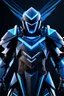 Placeholder: neon blue, flying parts of armor in form of triangles, cyber armor, geometric patterns on armor, male, orbiting triangle