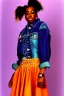 Placeholder: year 1996 denim fashion. Loose skirt, low waist. Colors: denim blue, blue, purple, cream, khaki, light green, lilac, plum, orange, terracotta, red, light yellow, pink, dark blue, beige. Cheetah pattern. Gwen Stephani, Missy Elliot, Shirley Manson.