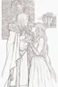 Placeholder: Couple from dnd kissing, woman with white hair wearing a dress, man with long black hair tunic and red cloak.