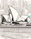 Placeholder: a coloring page, depicting the Sydney opera house, black and white, line art, outline, highly defined lines,