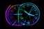 Placeholder: black background, outlines of a holographic clock drawn from thin neon-coloured glowing lines