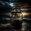 Placeholder: view of turbulent swells of a violent ocean storm, inside a glass bottle on the beach ม dramatic thunderous sky at dusk at center a closeup of large tall pirate ship with sails, breaking light