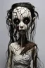 Placeholder: full color, illustration of a dark, menacing, monster girl, as a decayed, broken, crude homemade cloth doll toy, with a narrow cracked porcelain face, thick dark eyebrows, hair made from ragged strips of cloth, in the style of Brom, Alex Pardee, Tim Burton, and Masahiro Ito