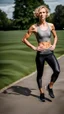 Placeholder: photography of a beautiful anorexic woman, grey satin triathlon top, sports illustrated, blond short wavy bob haircut, pronounced sternum, anthracite running leggins