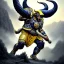 Placeholder: a Big-horn Ram warrior in navy blue and yellow battle armor, a highly detailed illustration, background of Inka jungle, American football in hand, realistic render, 8 k, micro detail, intricate, elegant, centered, digital painting, Artstation, smooth, sharp focus, illustration, artgerm, tomasz alen kopera, peter mohrbacher, donato giancola, joseph christian leyendecker, wlop, boris vallejo