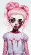 Placeholder: full color, illustration of a darkred and pink tones, menacing, Singer Melanie Martinez face, as a decayed, broken, skin turned translucent, black veins that extended like roots beneath her skin, latex suit, crude homemade cloth doll toy, with a narrow cracked porcelain face, thick dark eyebrows, hair in two gradually, made from ragged strips of cloth, in the style of Alex Pardee, Tim Burton, and Nadya Sheremet