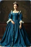 Placeholder: a barock lady in a gorgeous court dress made of blue denim, 16 century, polaroid