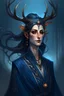 Placeholder: older woman, dark blue hair, elf, deer-like horns, elegant clothing, fantasy drawing.