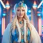 Placeholder: (masterpiece, best quality, 8k, RAW photo, beautiful and aesthetic:1.2), complex detail, Indirect light, photorealistic, (((full body))), 2 Gorgeous Cosmic russian asian goddess smiling, long curved blonde hair, blue eyes, Mixed, sci-fi and traditional russian outfit with white furs and chapka, colorfull Sci-Fi environment