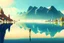 Placeholder: Sunny day, distant modern city, lake, lake reflections, people, mountains