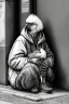 Placeholder: One single mature homeless cockatoo with worn out clothes, sleeping in a corner on the street, Vienna, mourning, model style, hyper realistic, extremely accurate, delicate, extremely detailed, Graphic novel style, wide-angle, open aperture, superfine pencil