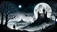 Placeholder: detailed graphic art, ruined gothic castle standing on a hill on the right side of the composition, full moon in the night sky, a few raven silhouettes flying near the moon, thick mist surrounding the hill, dark forest on the left side with twisted bare trees, a solitary black hooded figure standing at the forest edge looking toward the castle, mysterious atmosphere, ancient forgotten ruins, dark fantasy aesthetic, detailed linework