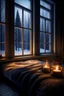 Placeholder: Cozy modern bedroom, glass window, snowy night , candles