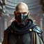 Placeholder: bald male corellian jedi wearing gunmetal grey and black old republic armored flightsuit and breath mask with gold and metallic red trim inside the jedi temple, centered head and shoulders portrait, hyperdetailed, dynamic lighting, hyperdetailed background, 8k resolution, volumetric lighting, light skin, fully symmetric details