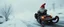 Placeholder: close up on gnome hit man with rocket boots in suit on a mech sled doing jumping stunt in winter wasteland, style of fallout 4, high speed with motion blur, on elevated road