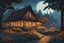 Placeholder: museum quality color woodcut landscape of a fanciful 1920's rustic French country cottage on a foggy moonlit night, in the style of Gustave Baumann, with a fine art aesthetic, highly detailed, finely cut ,8k render, muted fall colors