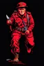 Placeholder: russian soldier(uniform and face based on racist steriotypes) running towards viewer, a knife i one hand, and a gun(barrel pointing at viewer) in the other. blocky retro 1960's jack kirby style poster in monochrome with white background