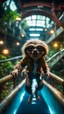 Placeholder: fish-eye photo of furry hairy pimp rocker alien gremlin sloth woman on bridge over water slide magically levitating in dark lit reflective wet jungle hall hotel tunnel, in the style of fallout 4 game,bokeh like f/0.8, tilt-shift lens 8k, high detail, smooth render, down-light, unreal engine, prize winning