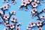 Placeholder: fantastic light pin blue background with three cherry blossoms in a line repeated 4 times with variations