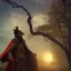 Placeholder: dungeons and dragons, monk, black, african, portrait, face, close up, cloak, clothes, cape, brown fabric, sunset, red sun, single person