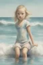 Placeholder: Illustration of model gemma ward as toddler,at the sea, bathing, style of Marcel Marlier, pastel colors