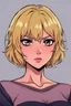 Placeholder: female, short and slightly wavy blonde hair, anime style, comic book style art, serious looking, well rendered colours